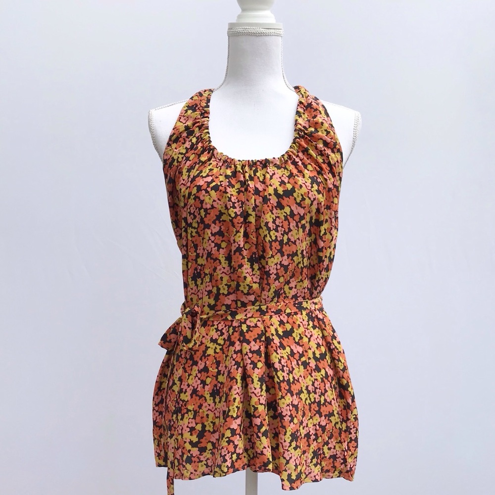 THEORY orange pink black floral silk tank medium